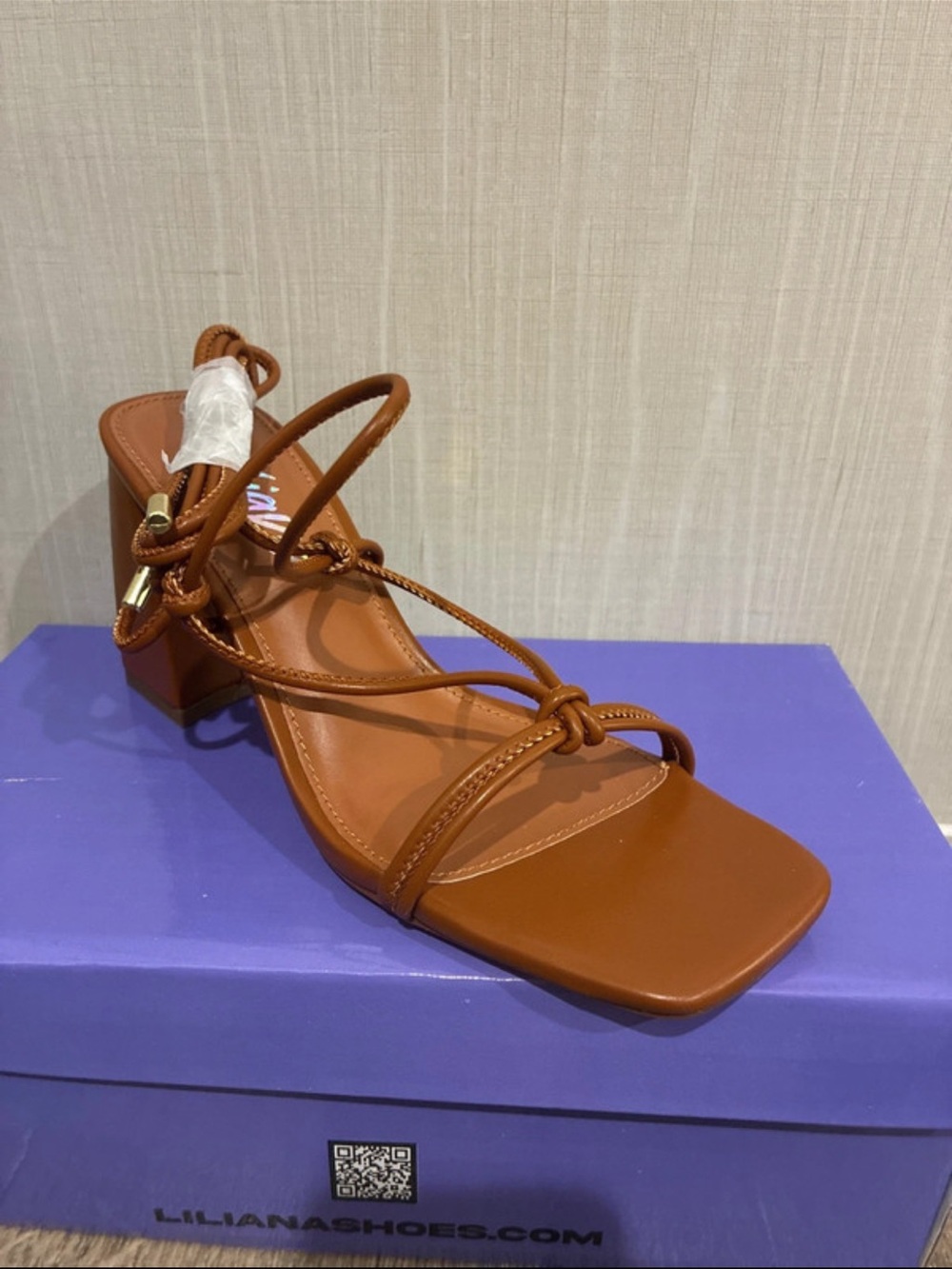 Liliana Cognac Strappy Square Toe Block Heel Sandal